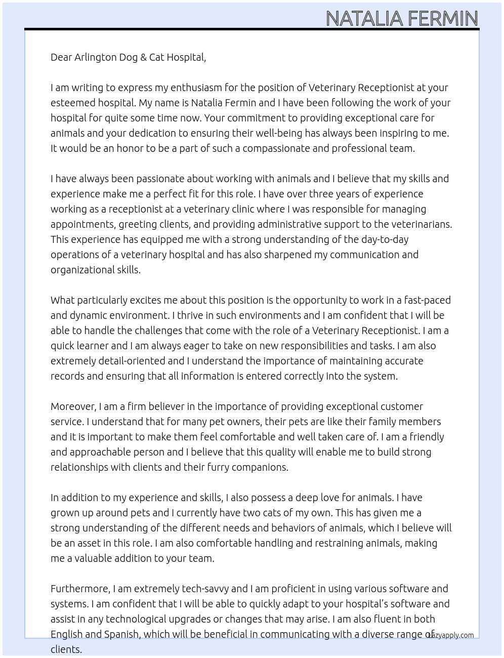 Veterinary Receptionist  At Arlington Dog & Cat Hospital Cover Letter