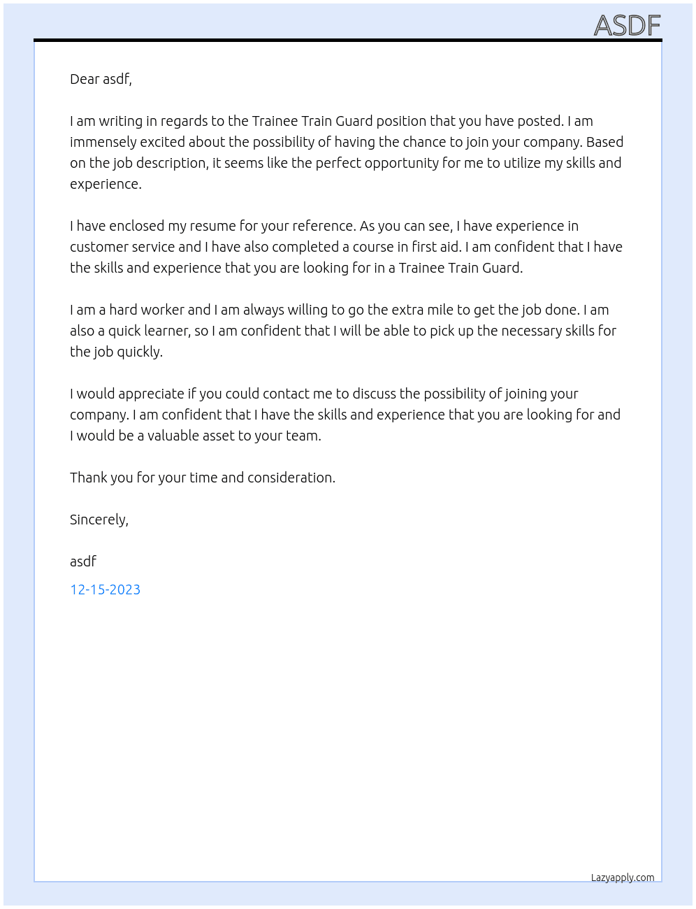 Trainee Train Guard At asdf Cover Letter