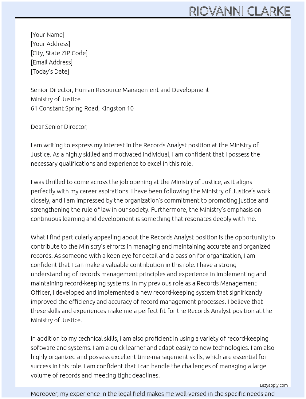 Records Analyst At The Ministry of Justice Cover Letter