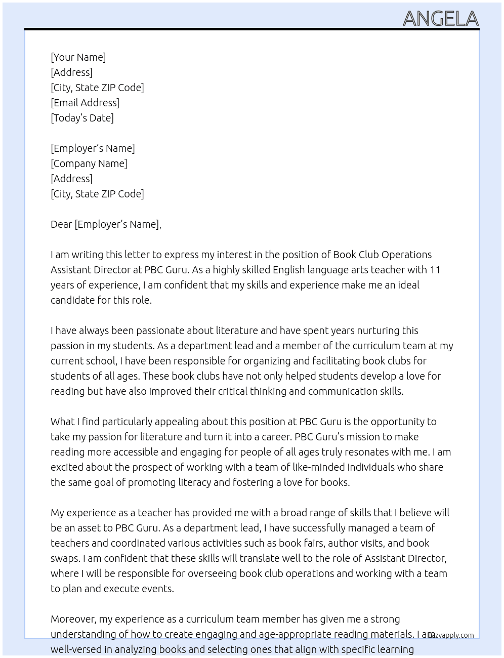 Book Club Operations Assistant Director At PBC Guru Cover Letter