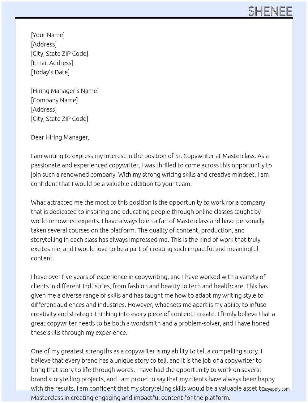 Sr. Copywriter At Masterclass Cover Letter