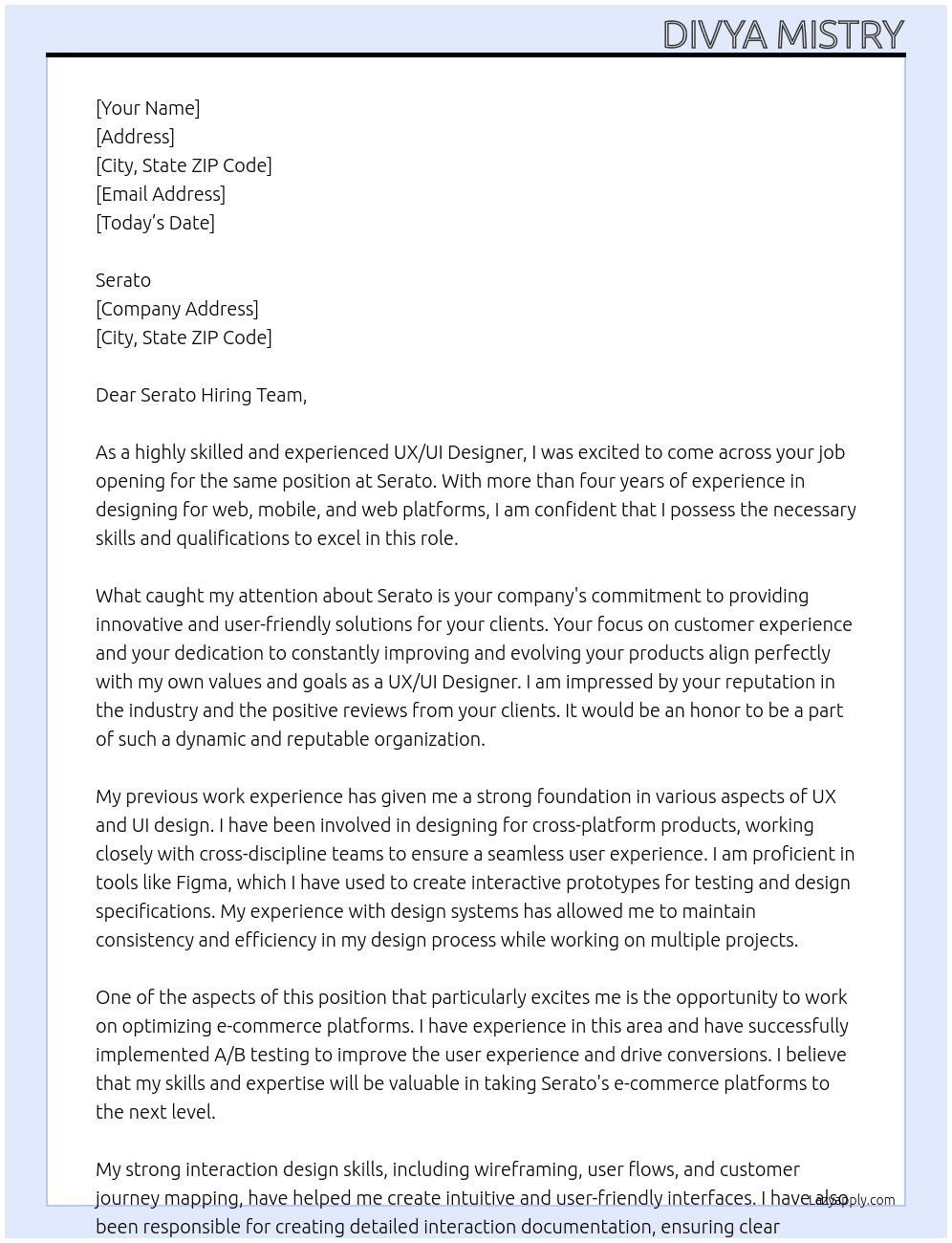 UX/UI Designer At Serato Cover Letter