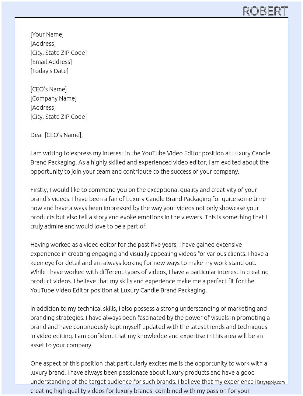 YouTube Video Editor At Luxury Candle Brand Packaging Cover Letter