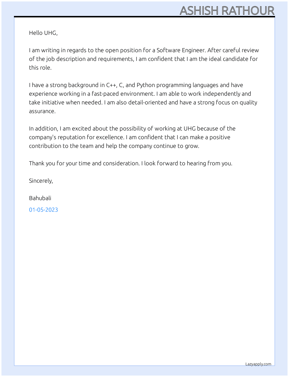 Software Engineer At UHG Cover Letter