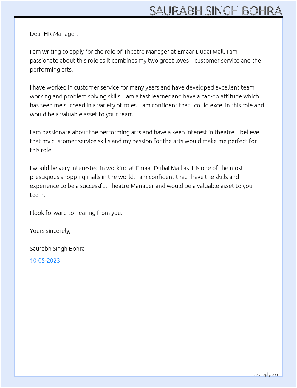 Theatre Manager At Emaar dubai mall Cover Letter
