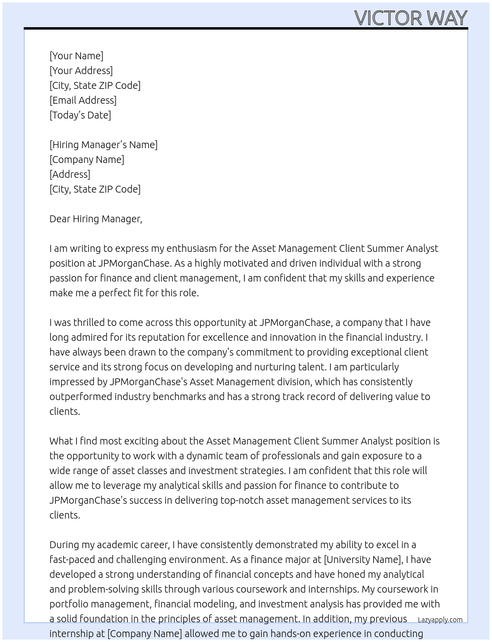 Cover letter for asset management client summer analyst - LazyApply
