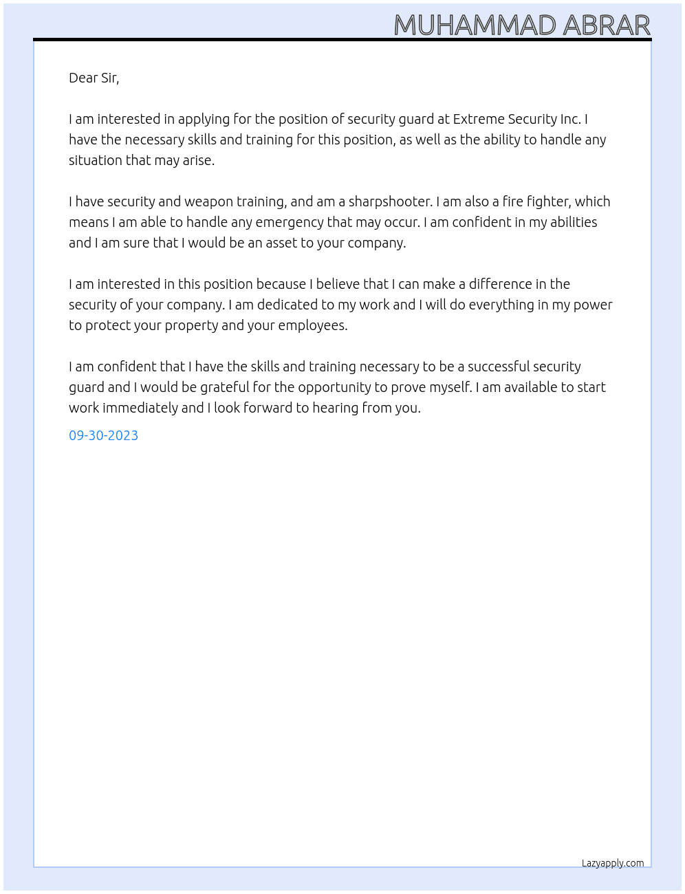 Security Guard At Extreme Security Inc Cover Letter