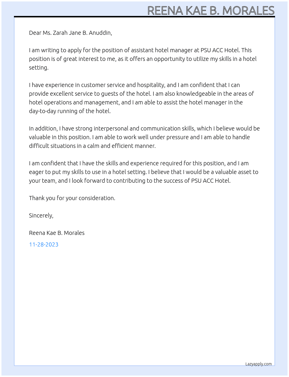 assistant hotel manager At PSU ACC Hotel Cover Letter
