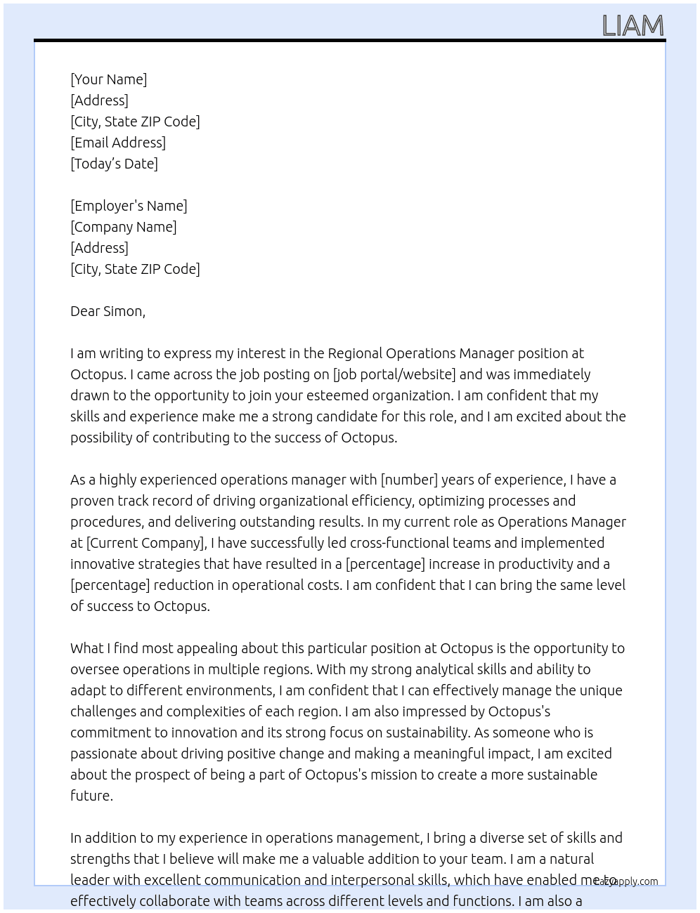 Regional Operations Manager At Octopus Cover Letter