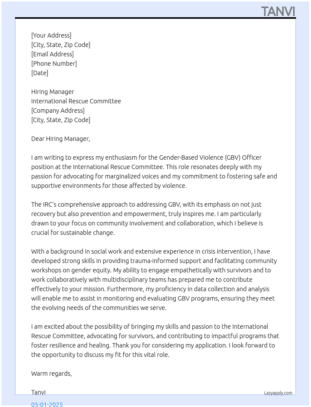 Gender-Based Violence (GBV) Officer At International Rescue Committee Cover Letter
