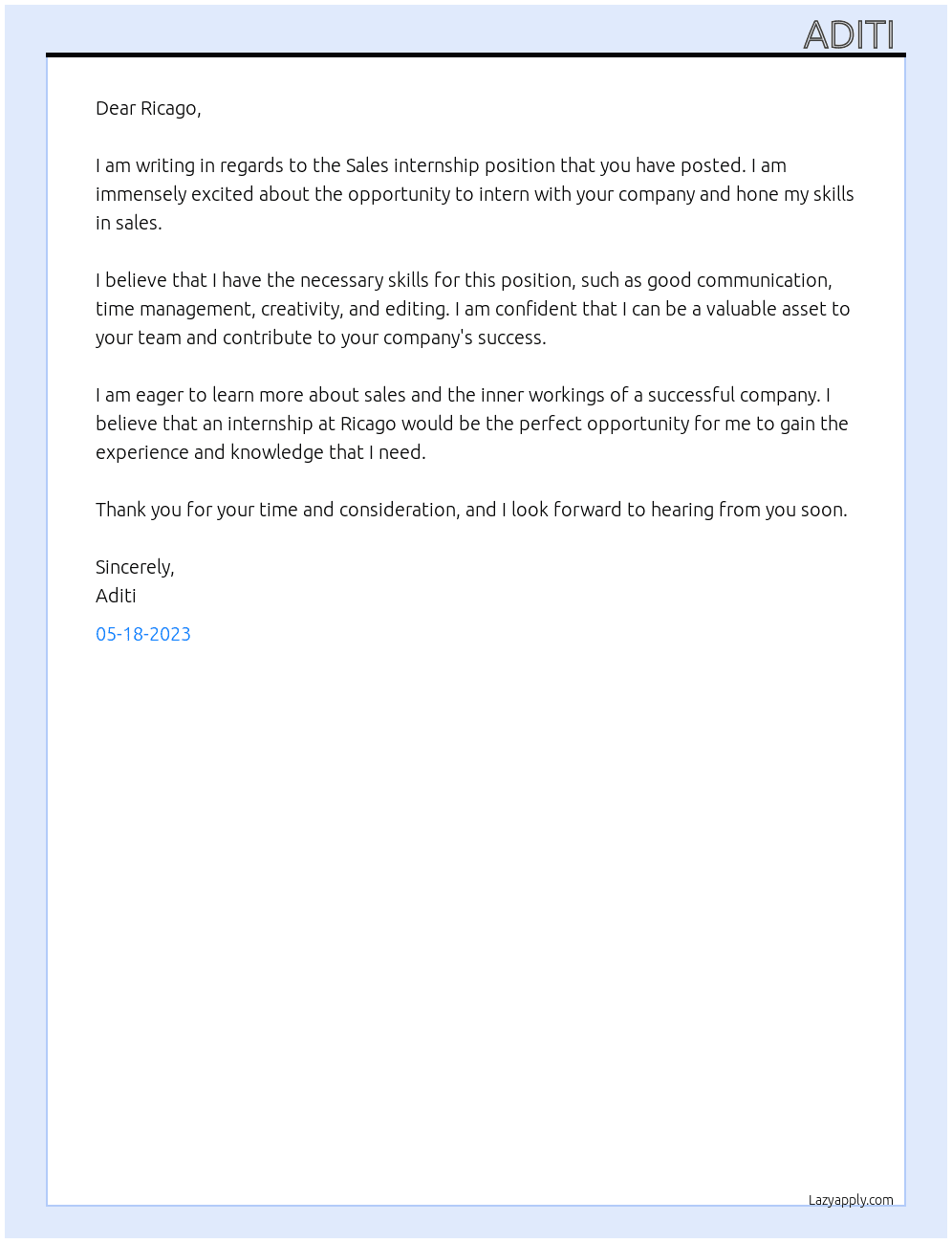 Sales internship  At Ricago  Cover Letter