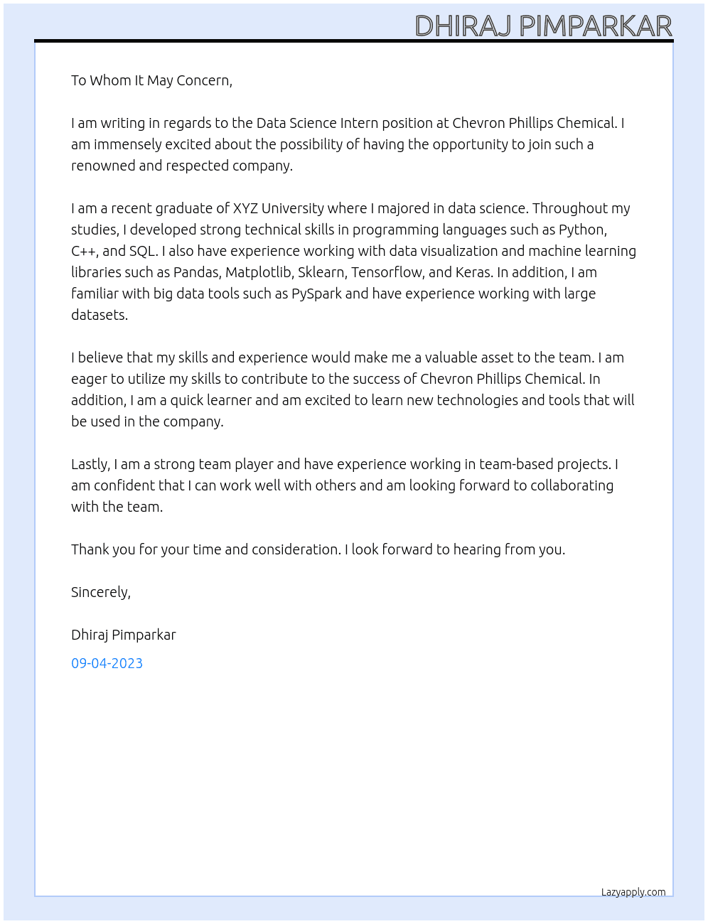 Data Science Intern At Chevron Phillips Chemical Cover Letter