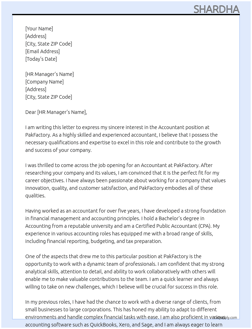 Accountant At PakFactory Cover Letter