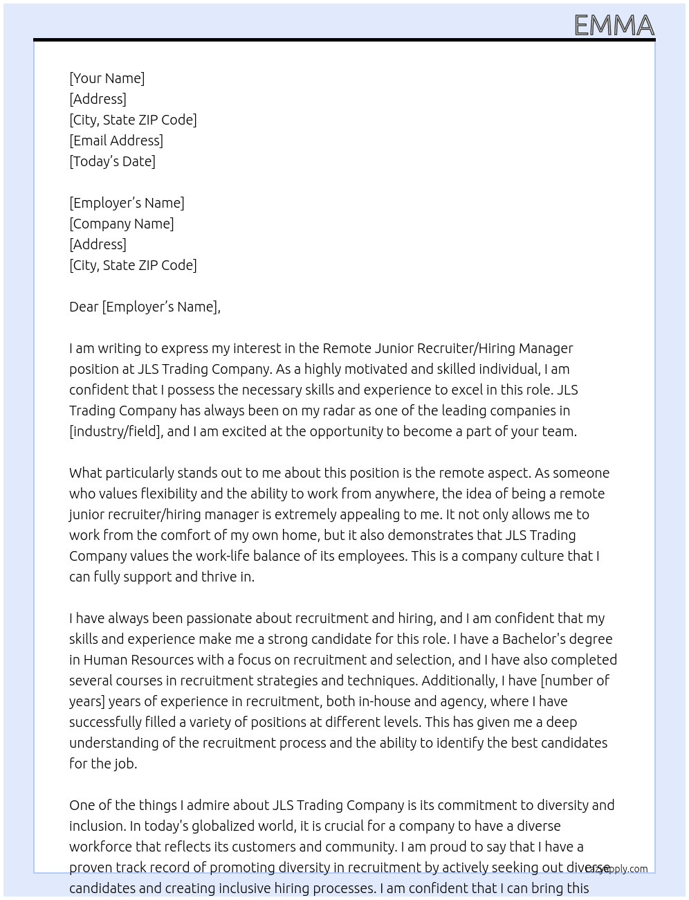 Remote Junior Recruiter / Hiring Manager At JLS Trading company Cover Letter