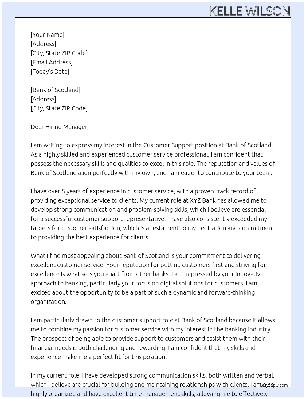 customer support At Bank of Scotland Cover Letter