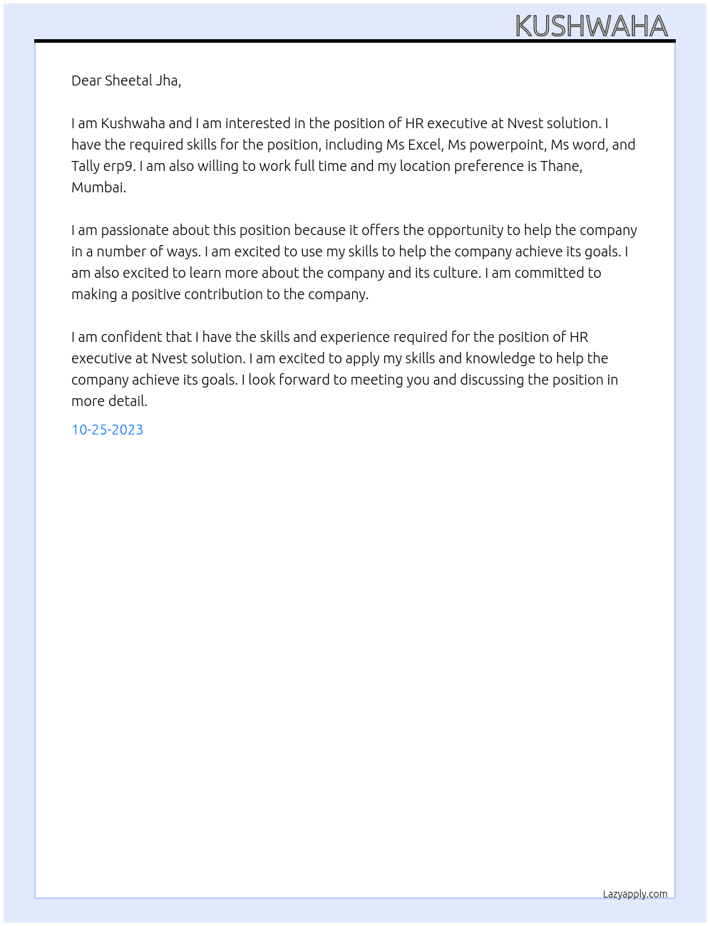 HR executive  At Nvest solution  Cover Letter