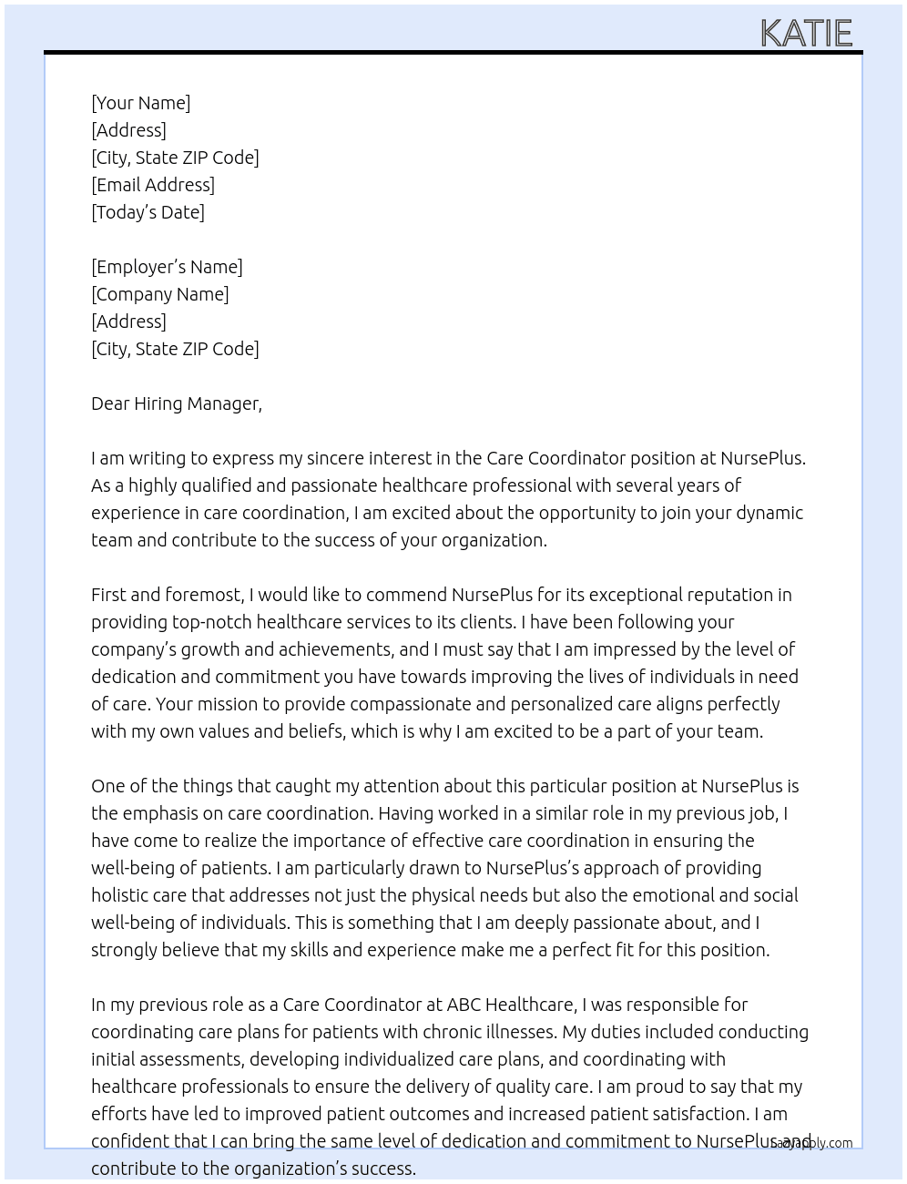 Care Coordinator At NursePlus Cover Letter