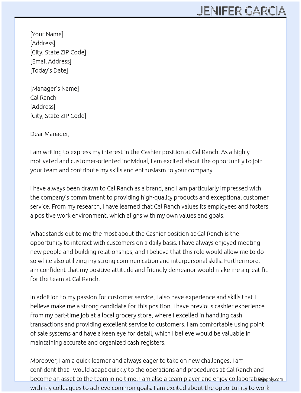  cashier At Cal ranch  Cover Letter