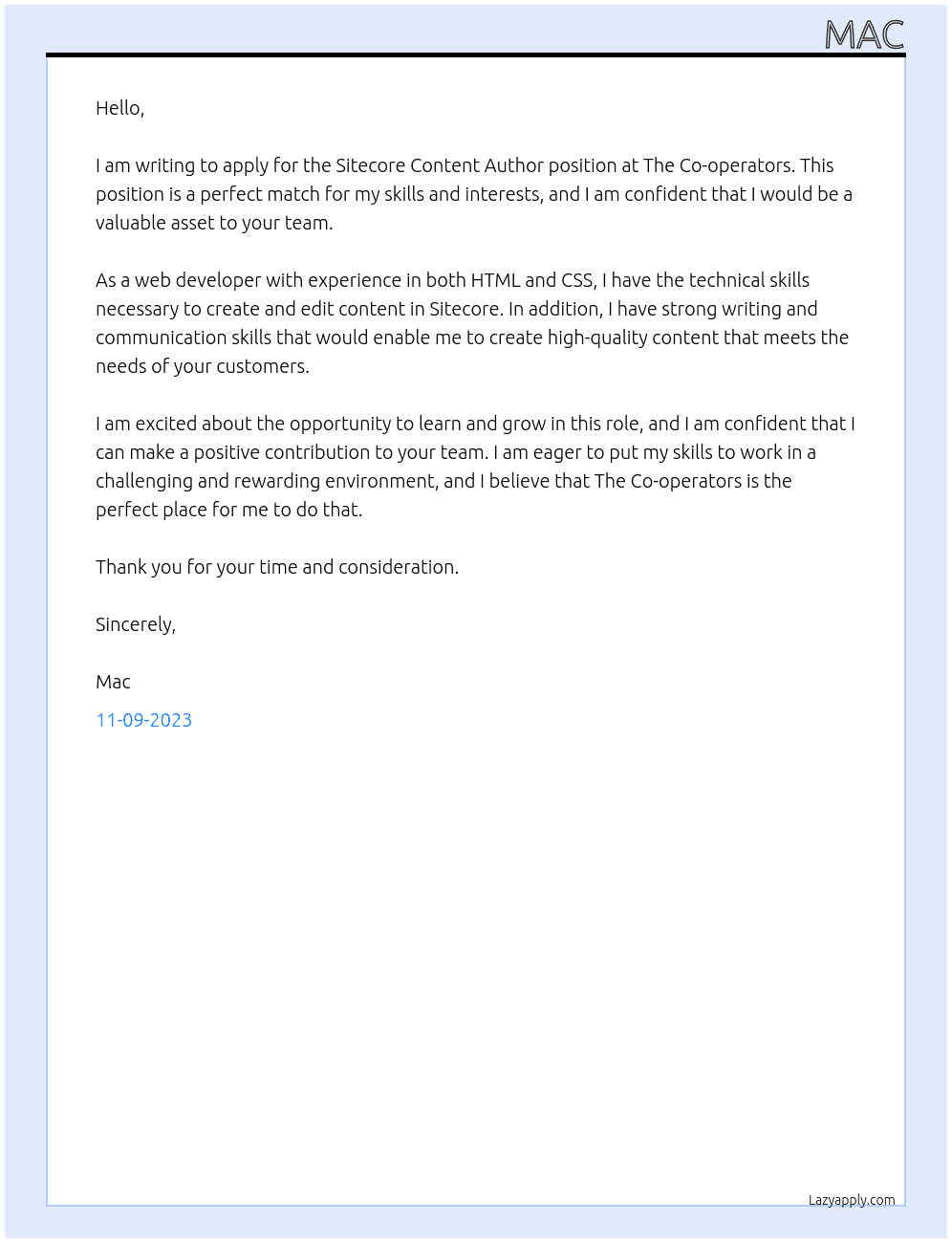 Sitecore Content Author  At The Co-operators Cover Letter