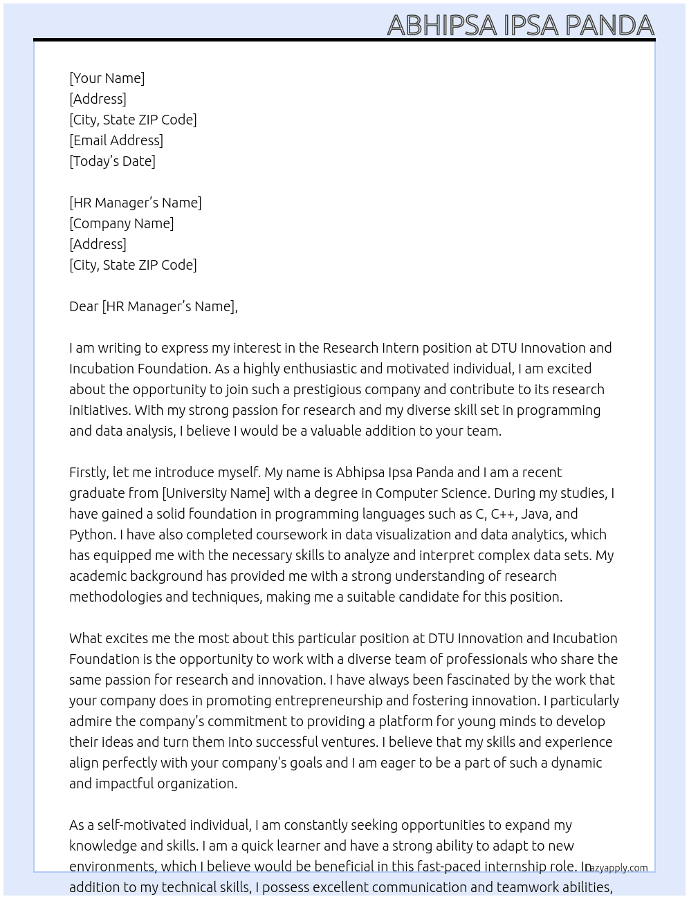 Research intern  At DTU INNOVATION AND INCUBATION FOUNDATION Cover Letter