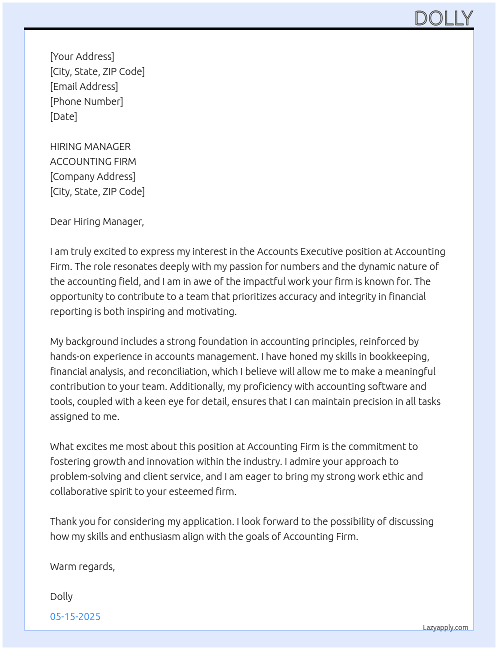 ACCOUNTS EXECUTIVE  At ACCOUNTING  FIRM Cover Letter