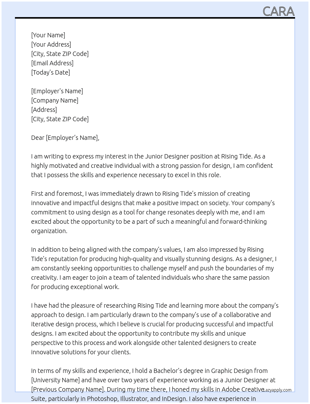 Junior Designer At Rising Tide Cover Letter