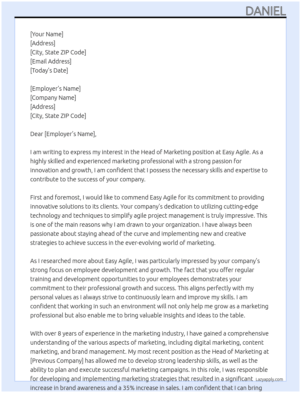 Head of marketing At Easy Agile Cover Letter