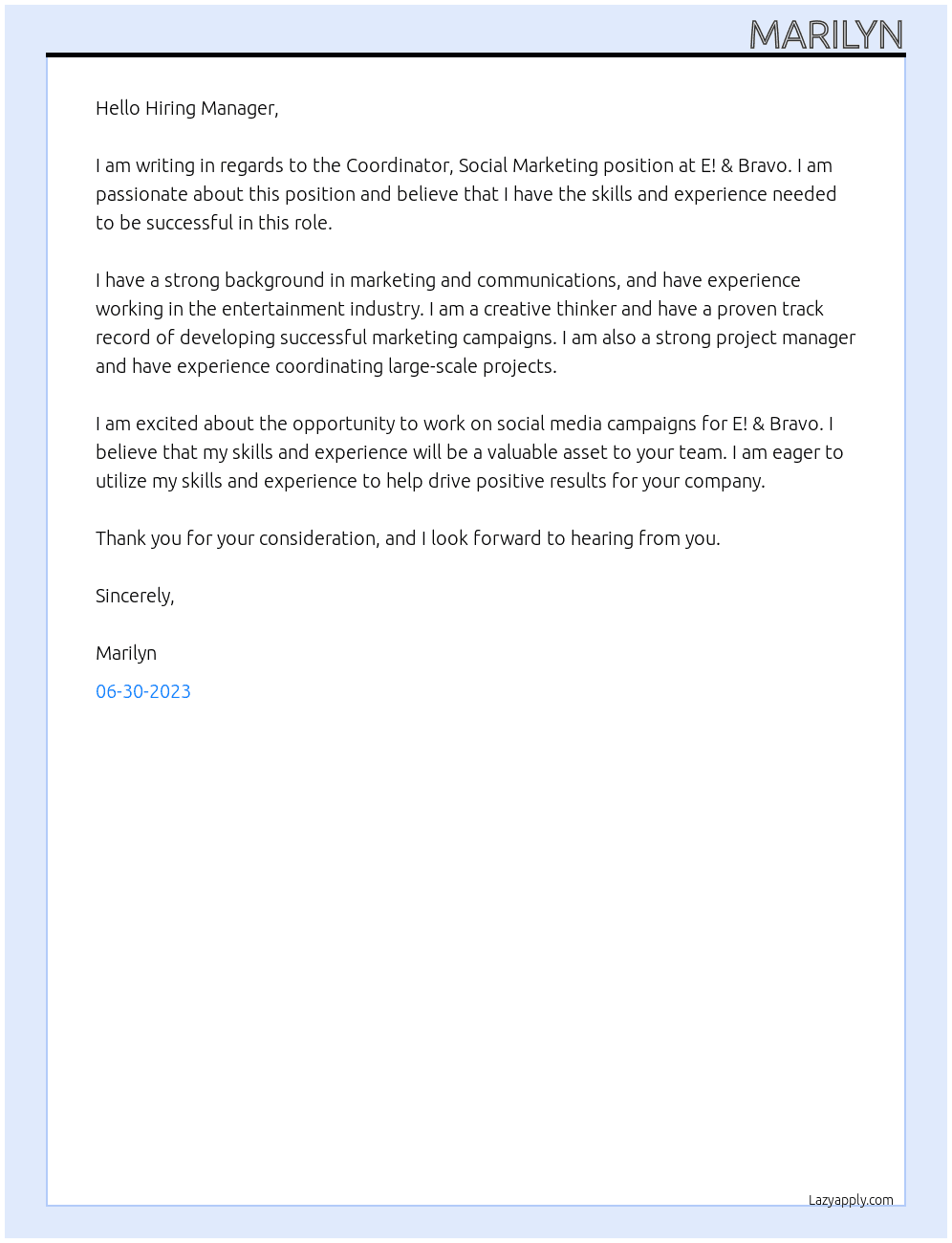 Coordinator, Social Marketing At E! & Bravo Cover Letter