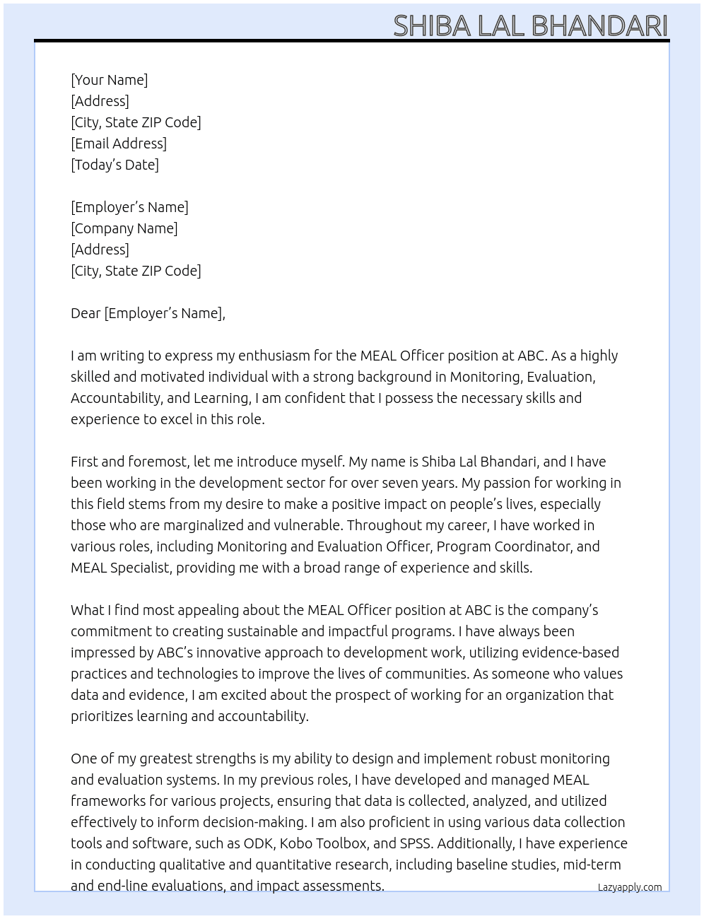MEAL officer At ABC Cover Letter