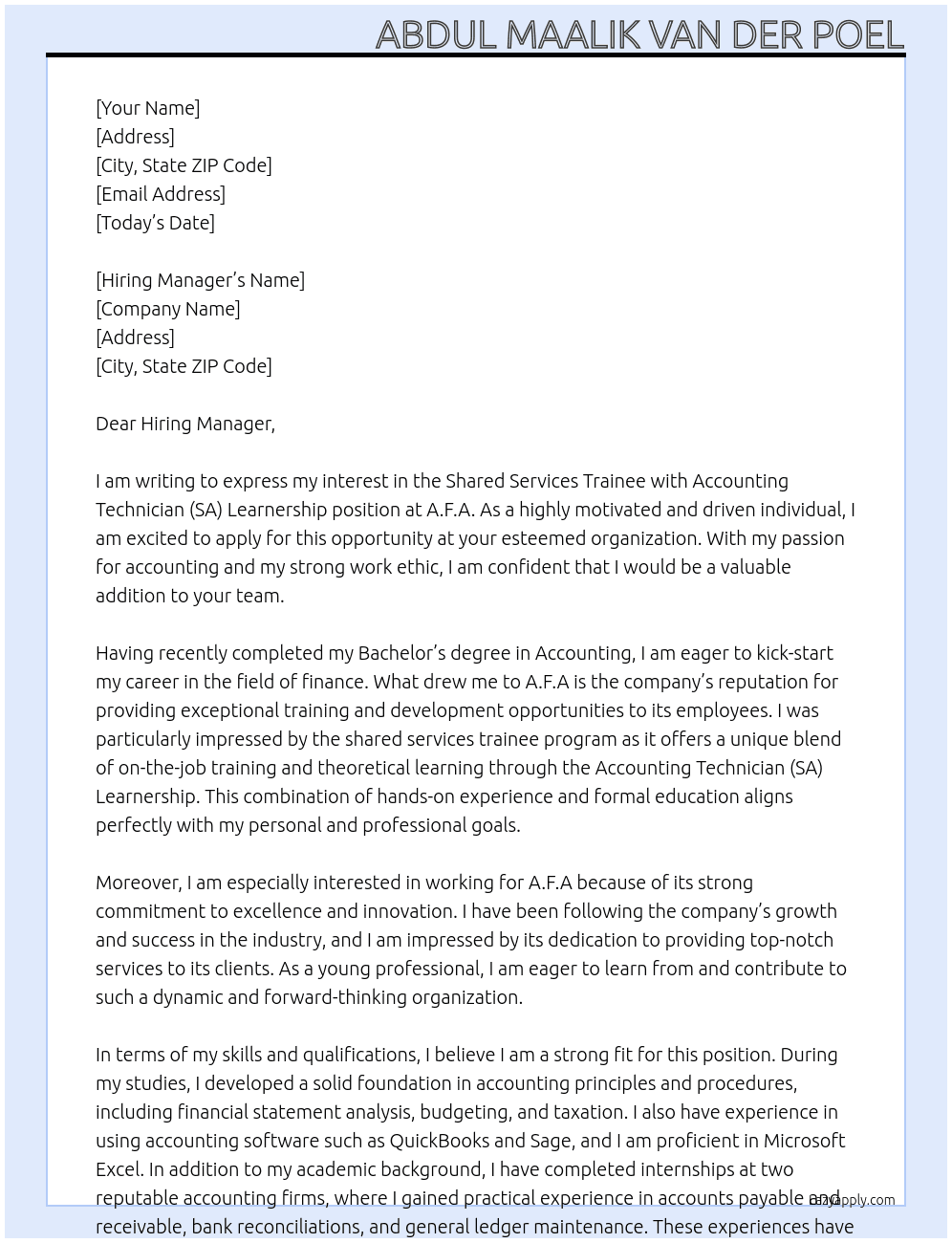 Shared services trainee with Accounting Technician (SA) Learnership At A.F.A Cover Letter