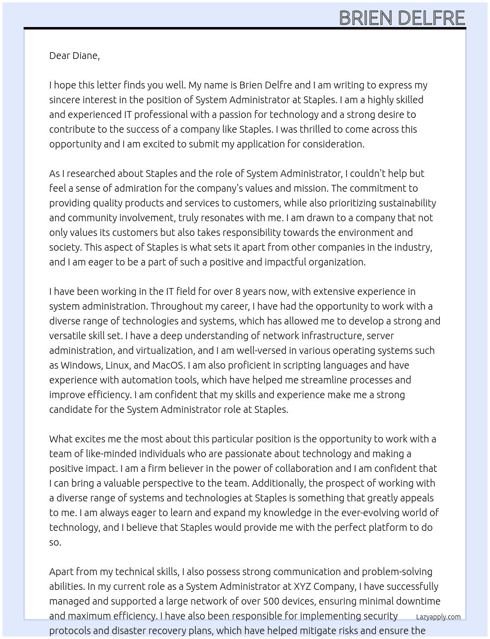 System Administrator At Staples Cover Letter