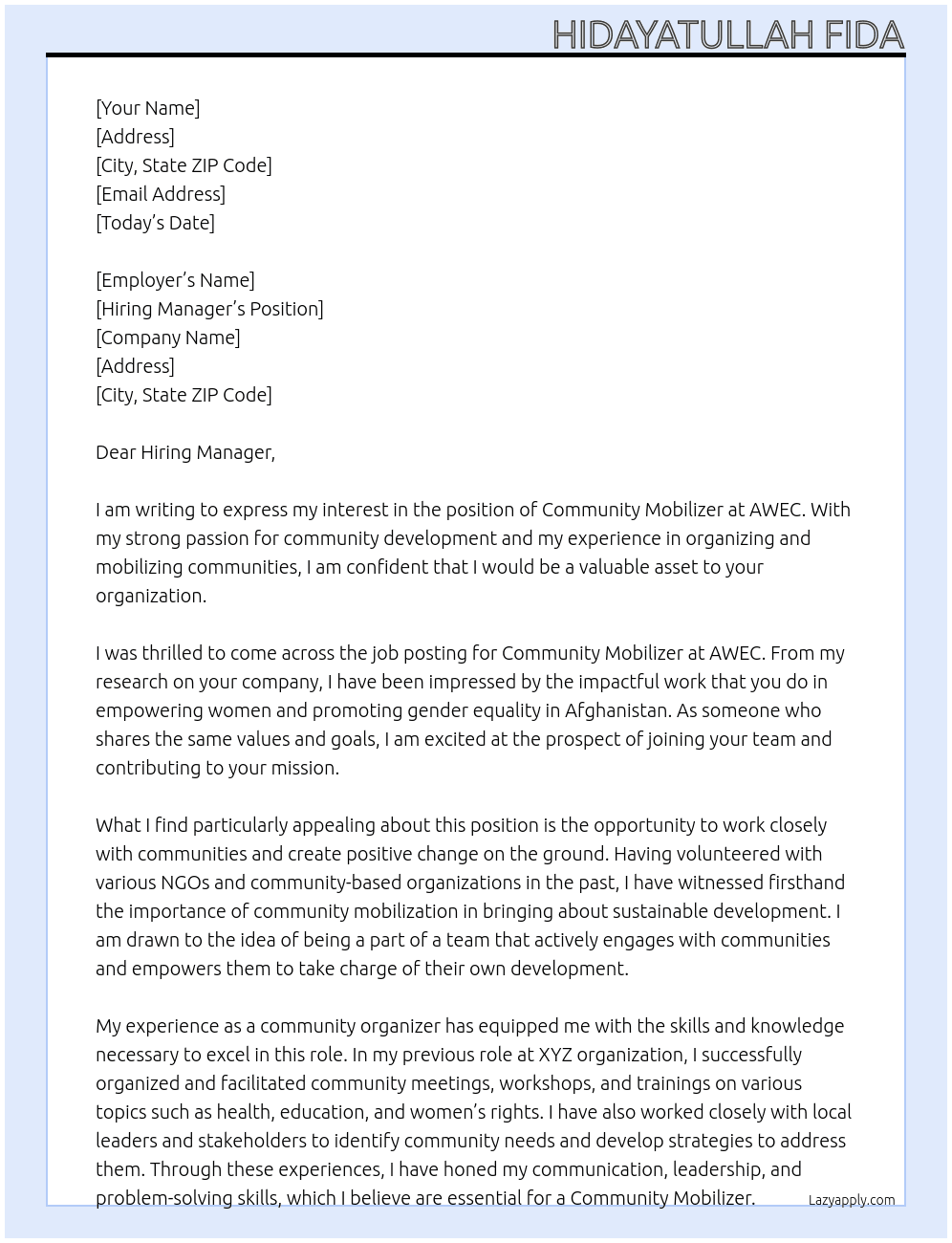Community Mobalizer At AWEC Cover Letter