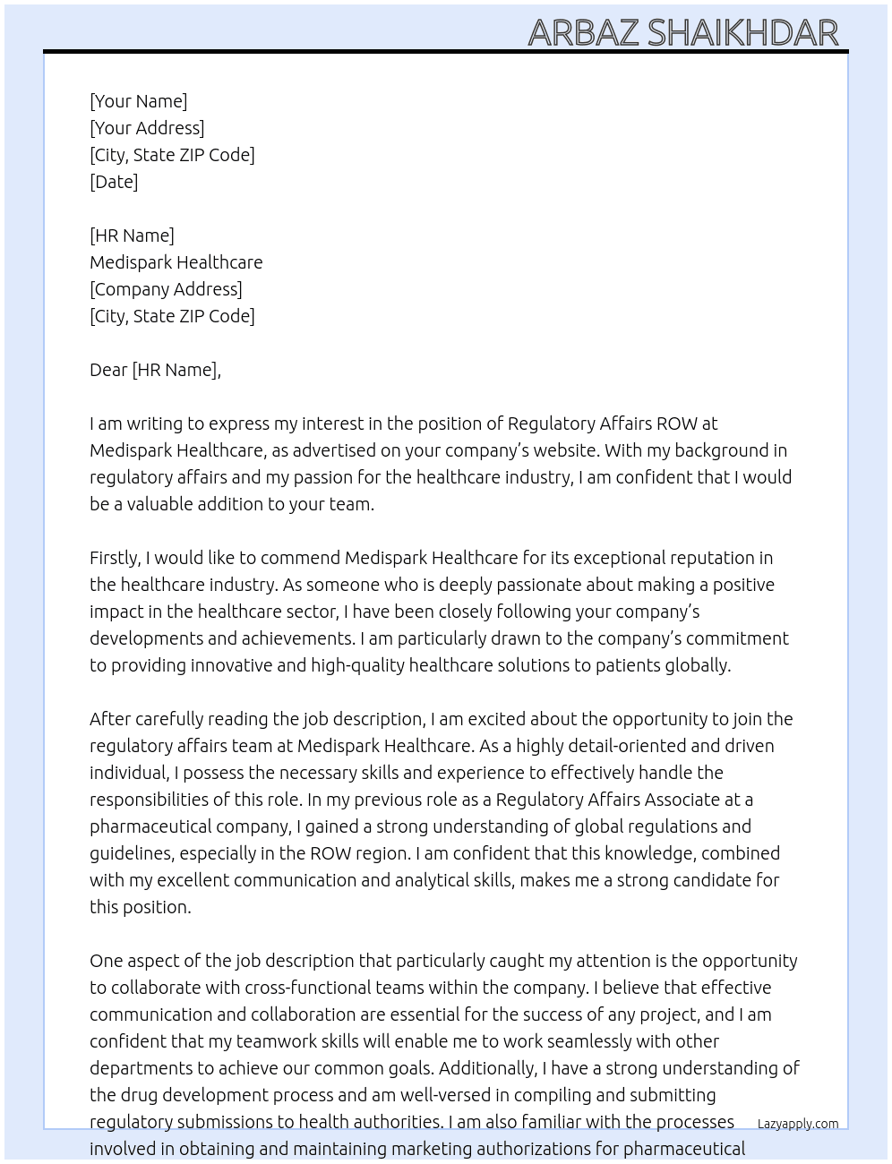 Regulatory affairs ROW At Medispark healthcare  Cover Letter