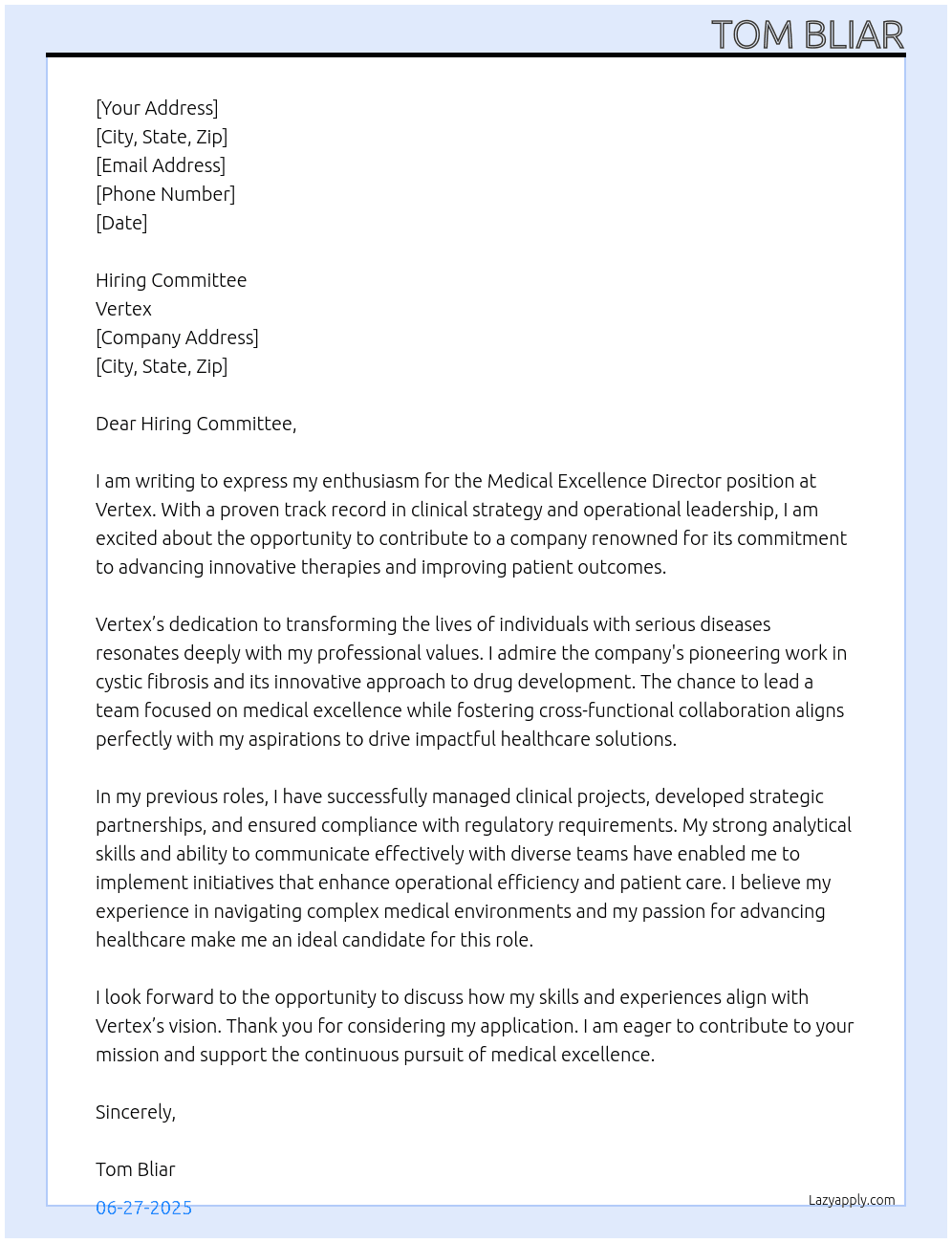 Medical Excellence Director At Vertex Cover Letter