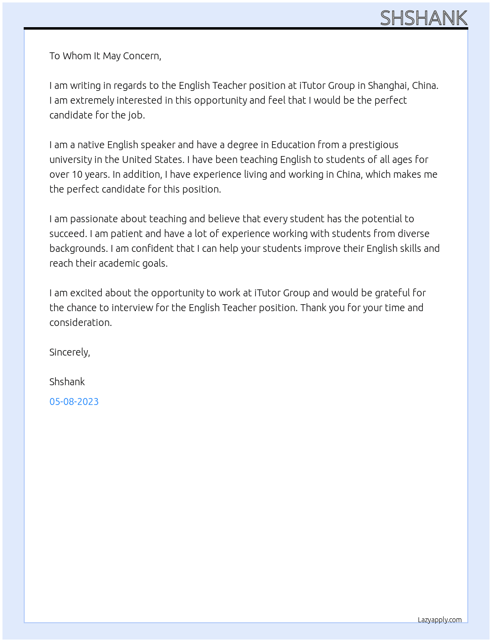 English Teacher At iTutor Group, Shanghai, China Cover Letter