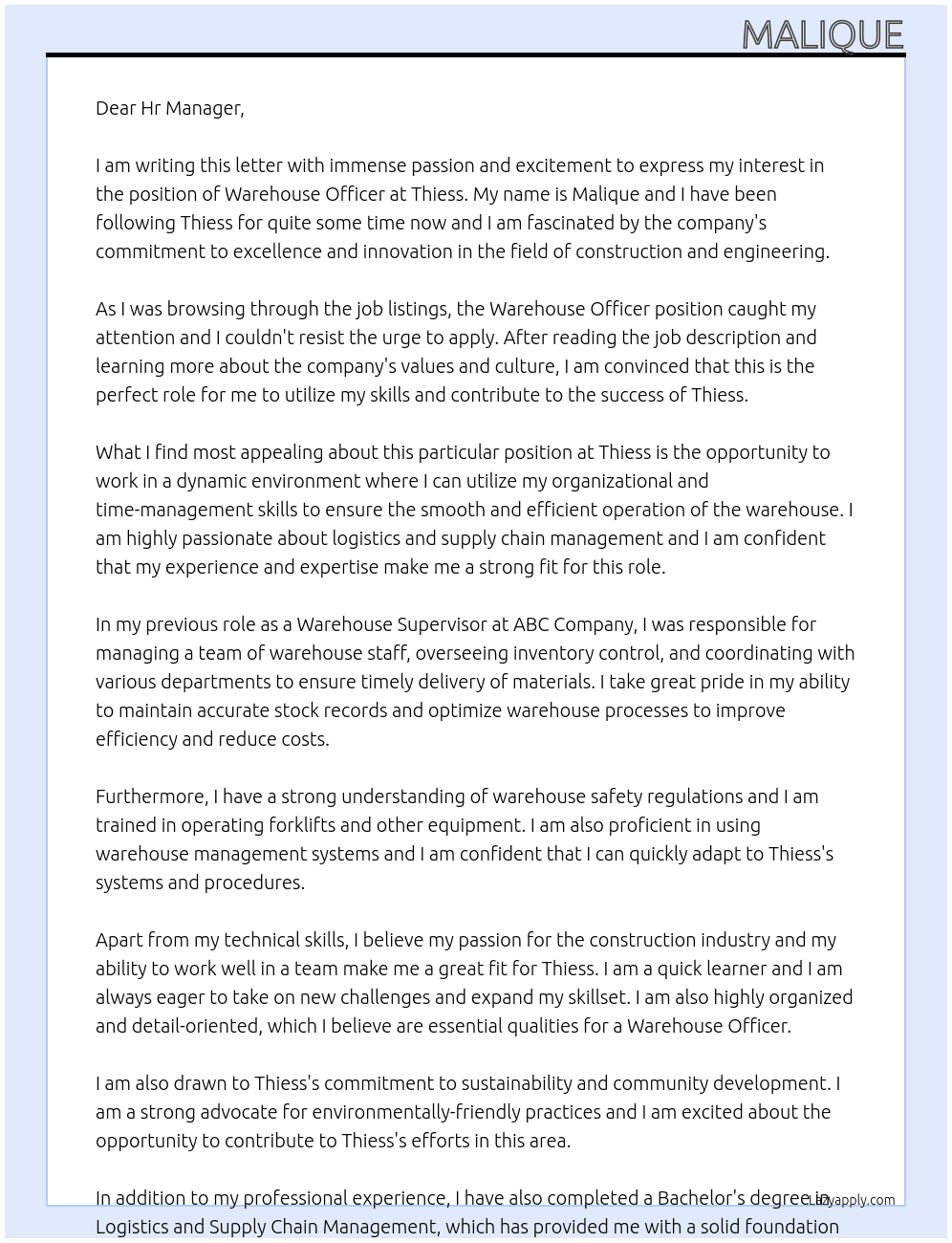 warehouse officer At Thiess Cover Letter