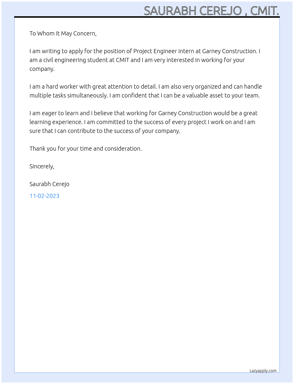  Project Engineer Interns (5428) At Garney Construction Cover Letter