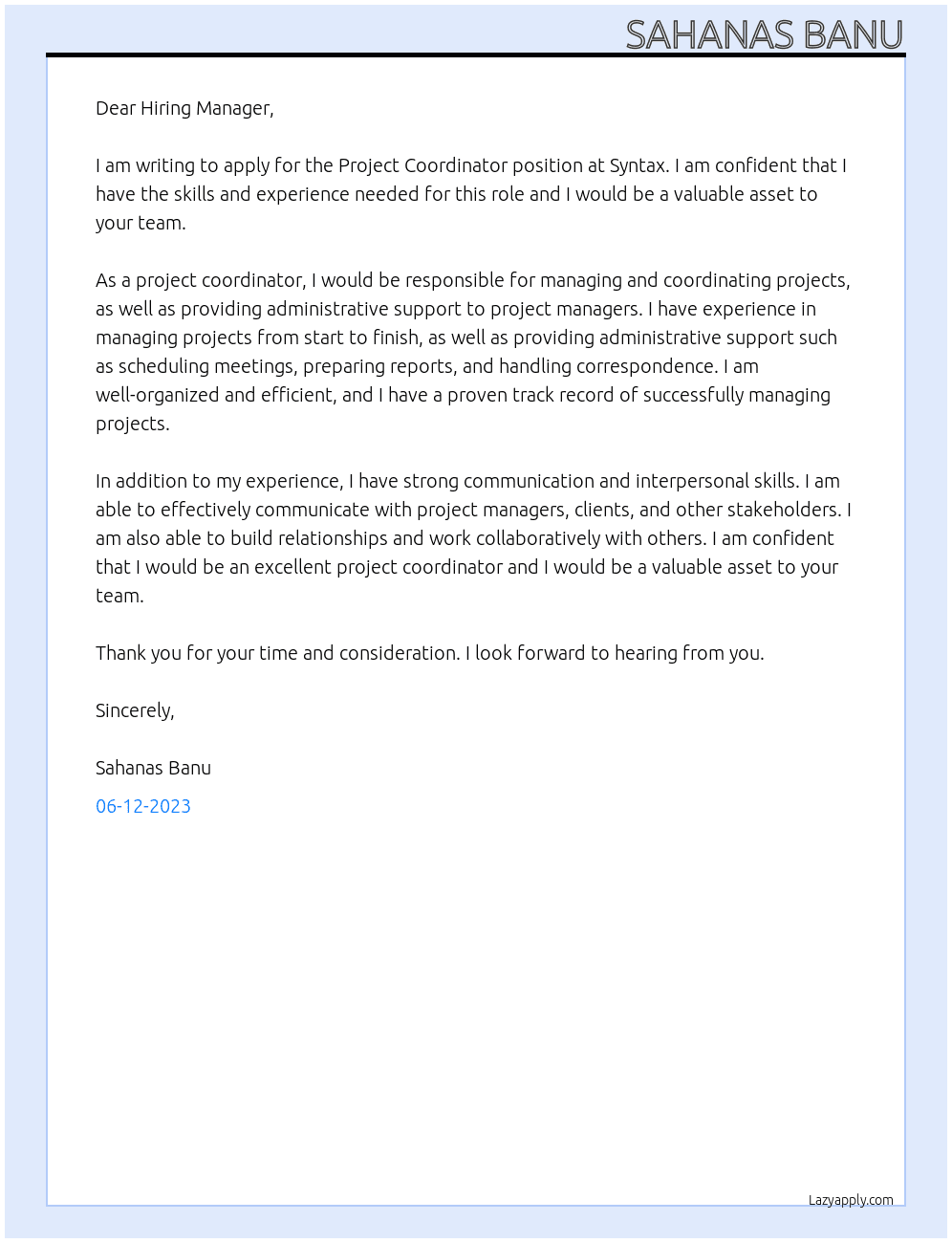 Project Coordinator  At Syntax Cover Letter