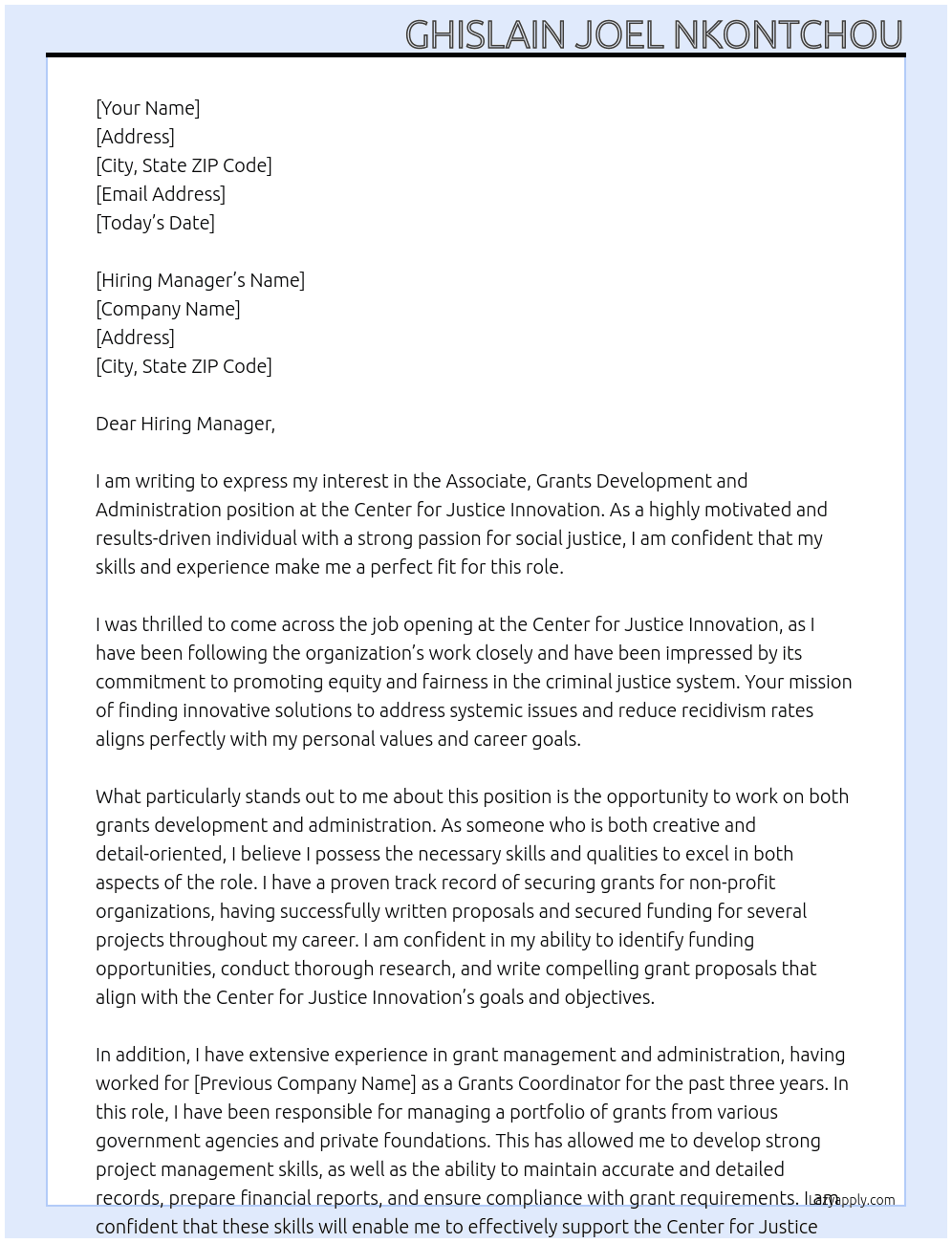 Associate, Grants Development and Administration At Center for Justice Innovation  Cover Letter