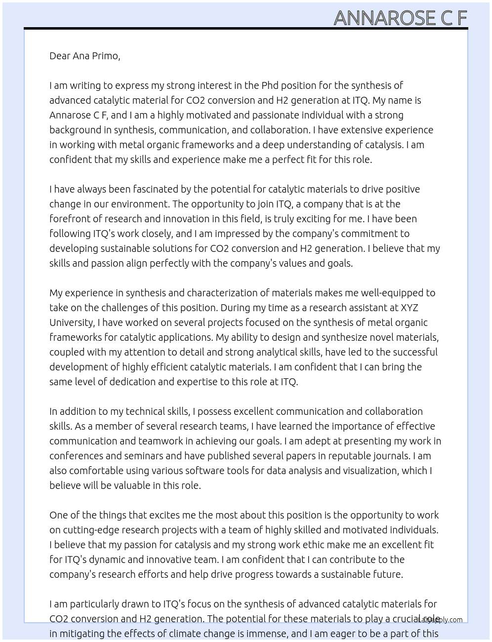 Phd in synthesis of advanced catalytic material for CO2 conversion and H2 generation  At ITQ Cover Letter