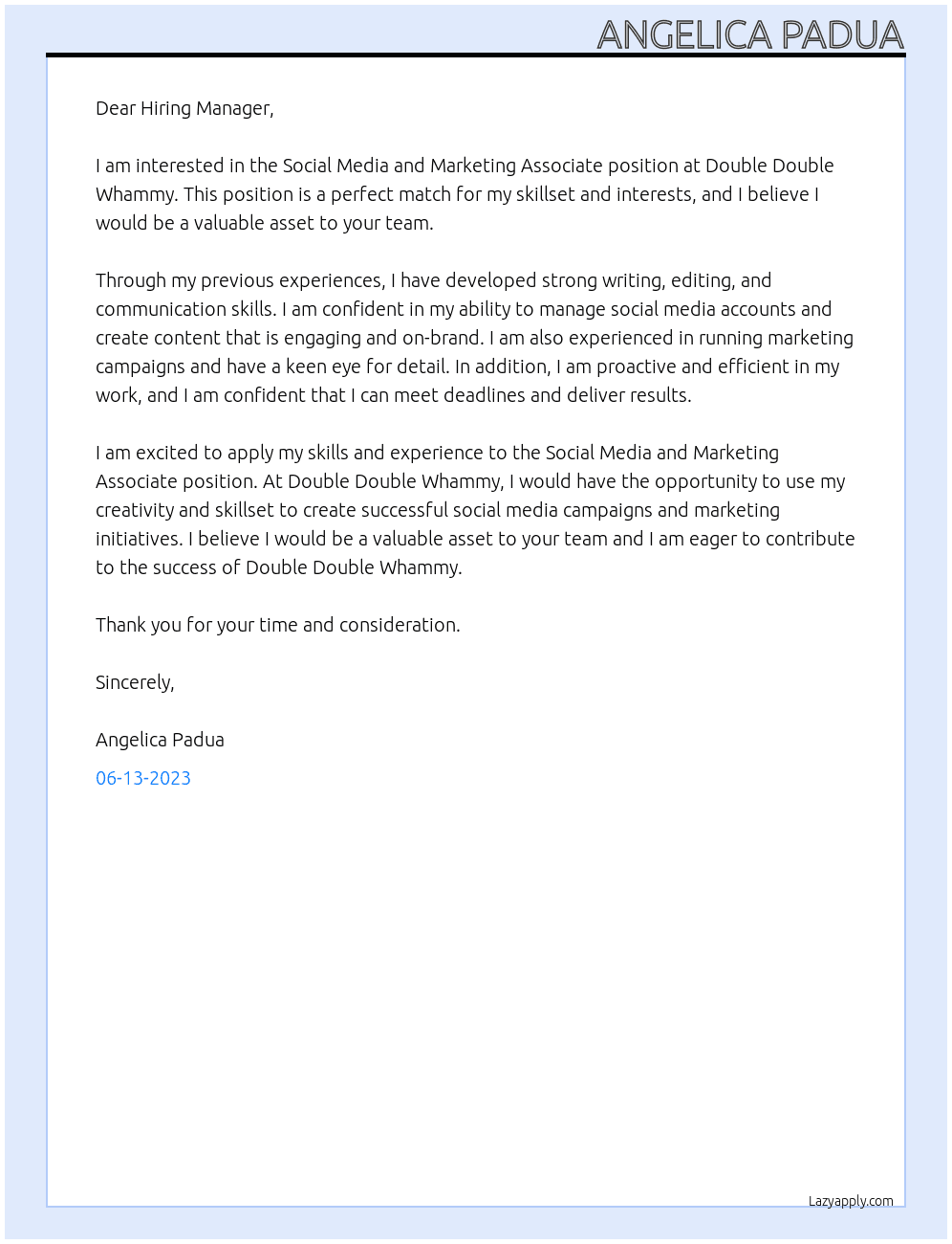 Social Media and Marketing Associate At Double Double Whammy Cover Letter