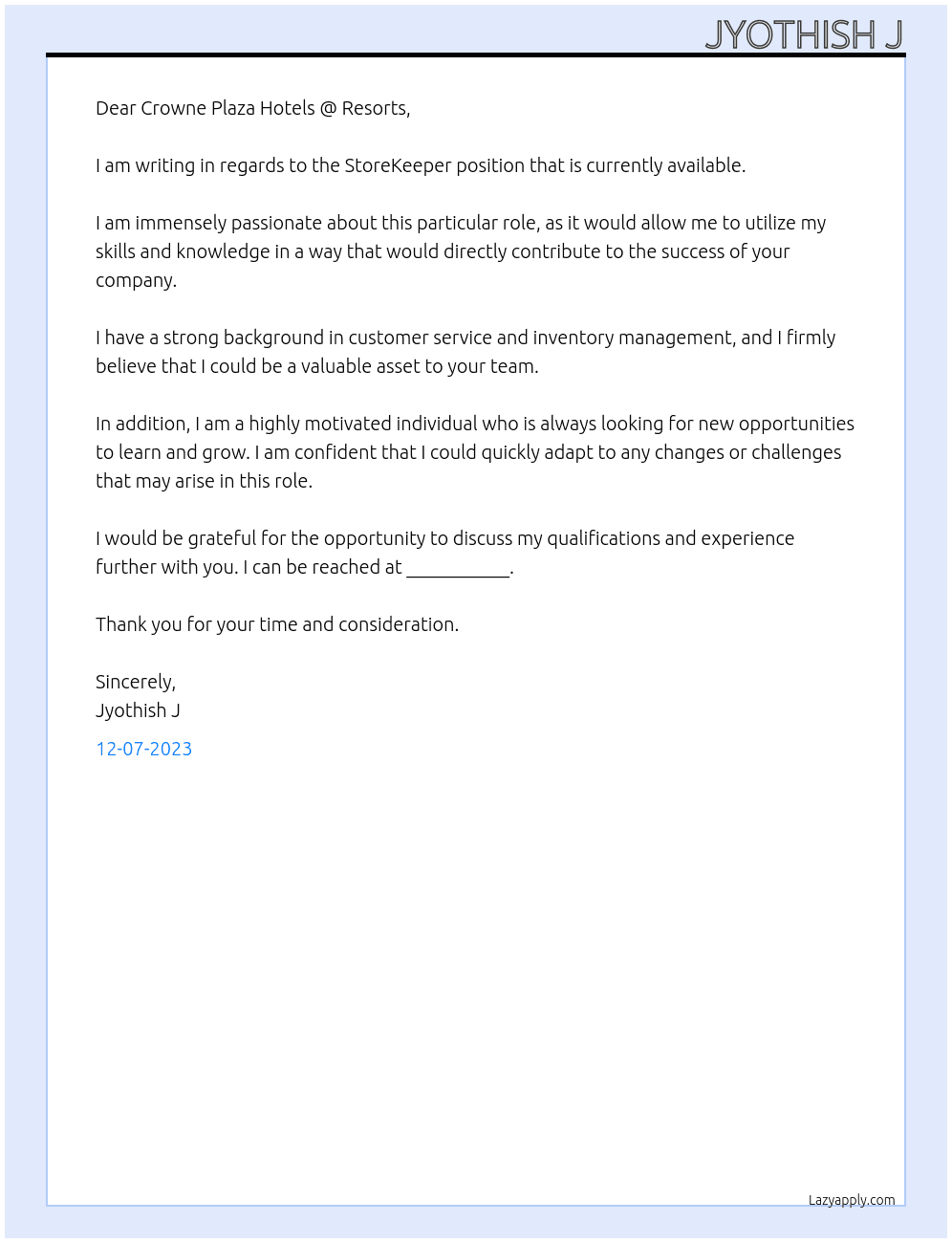 StoreKeeper At Crowne Plaza Hotels @ Resorts Cover Letter