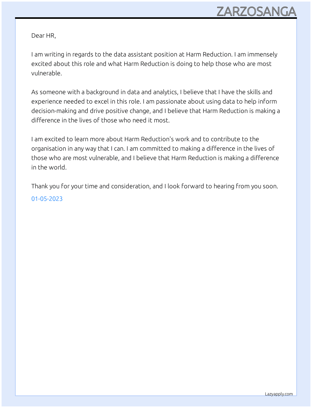 data assistant At Harm Reduction Cover Letter