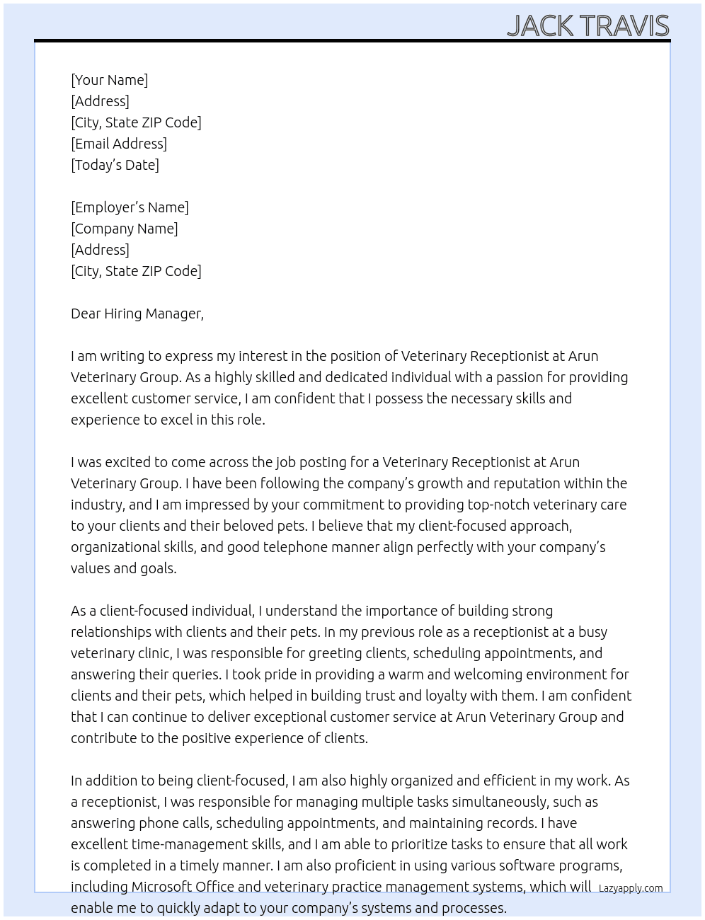 Veterinary Receptionist  At Arun Veterinary Group Cover Letter