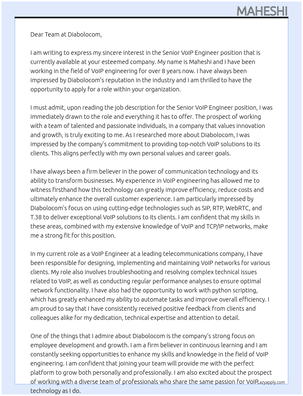 senior voip engineer At Diabolocom Cover Letter