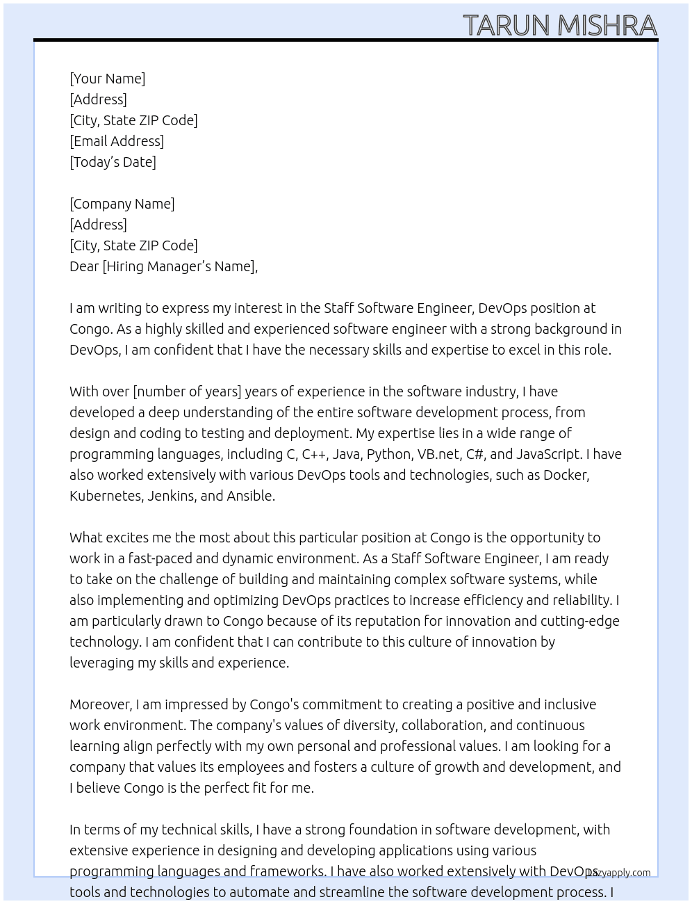 Staff Software Engineer, DevOps At Congo Cover Letter