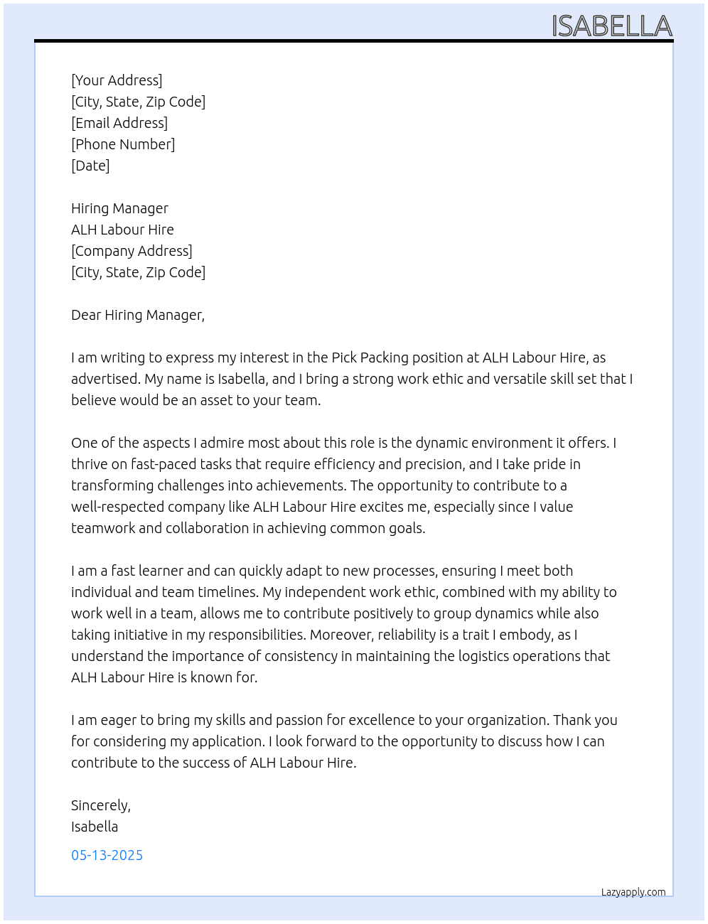Pick packing  At ALH Labour Hire Cover Letter