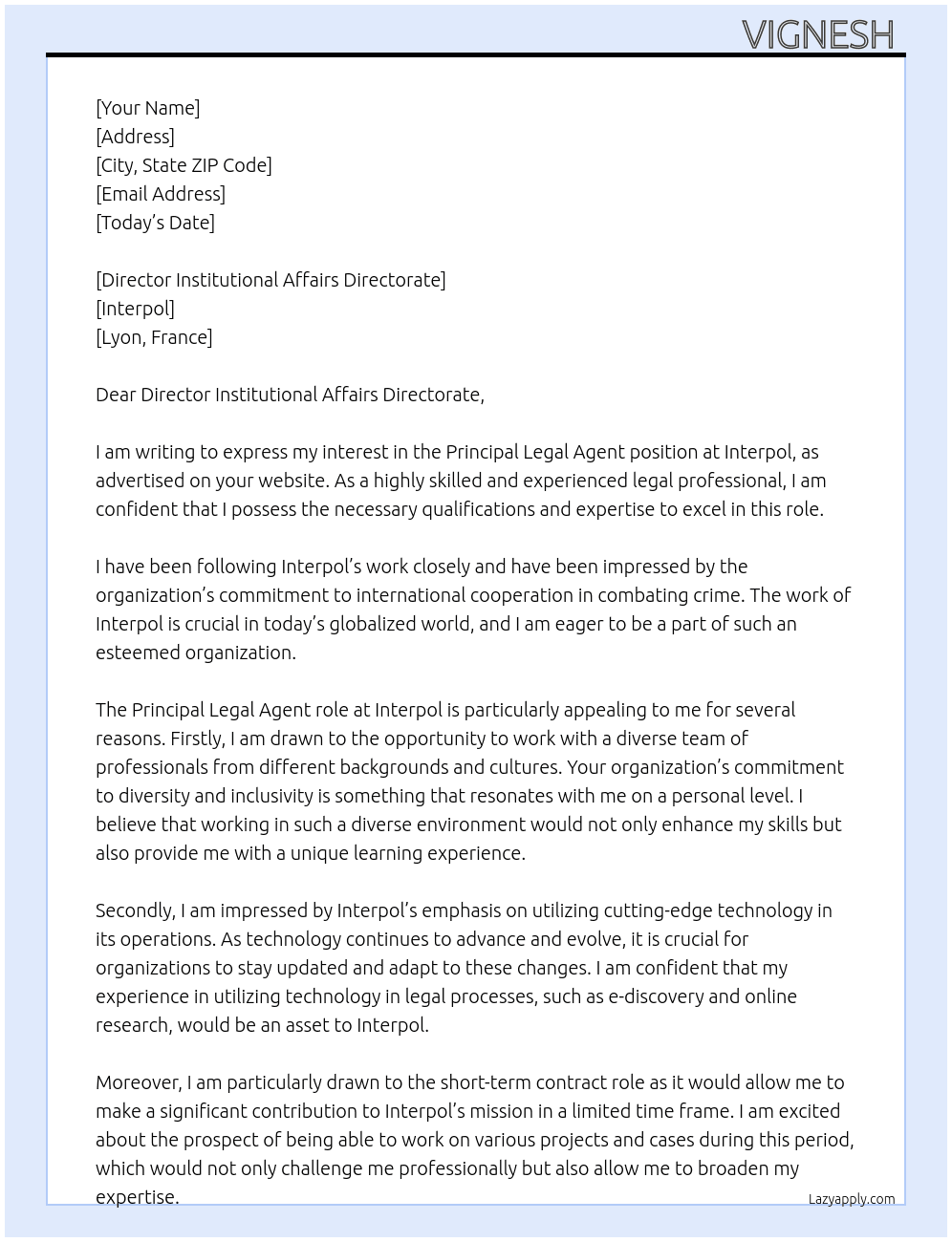 Cover letter for principal legal agent - LazyApply