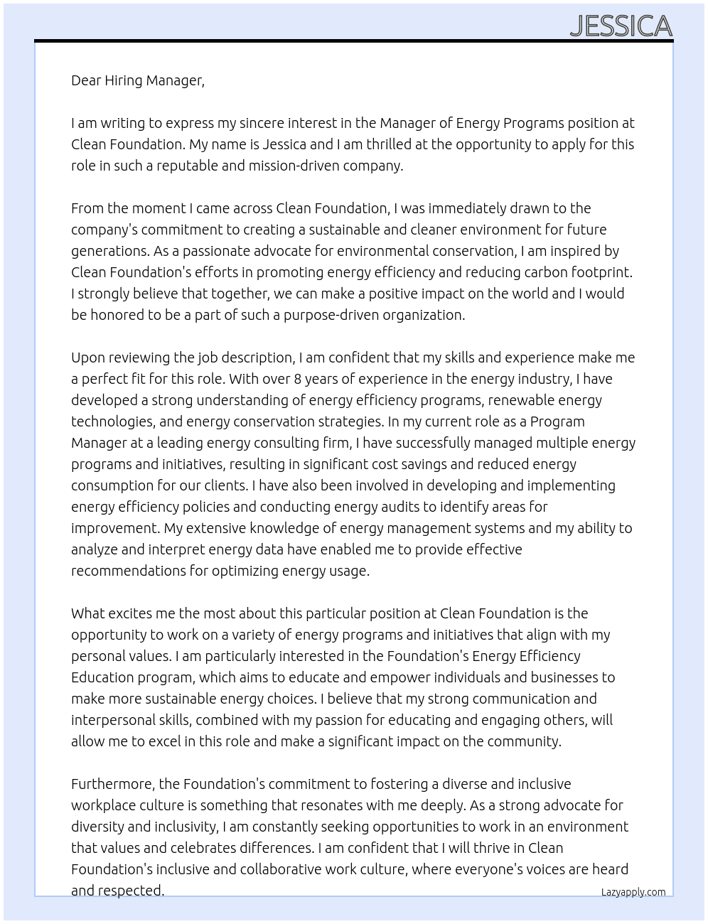 Manager of Energy Programs At Clean Foundation Cover Letter