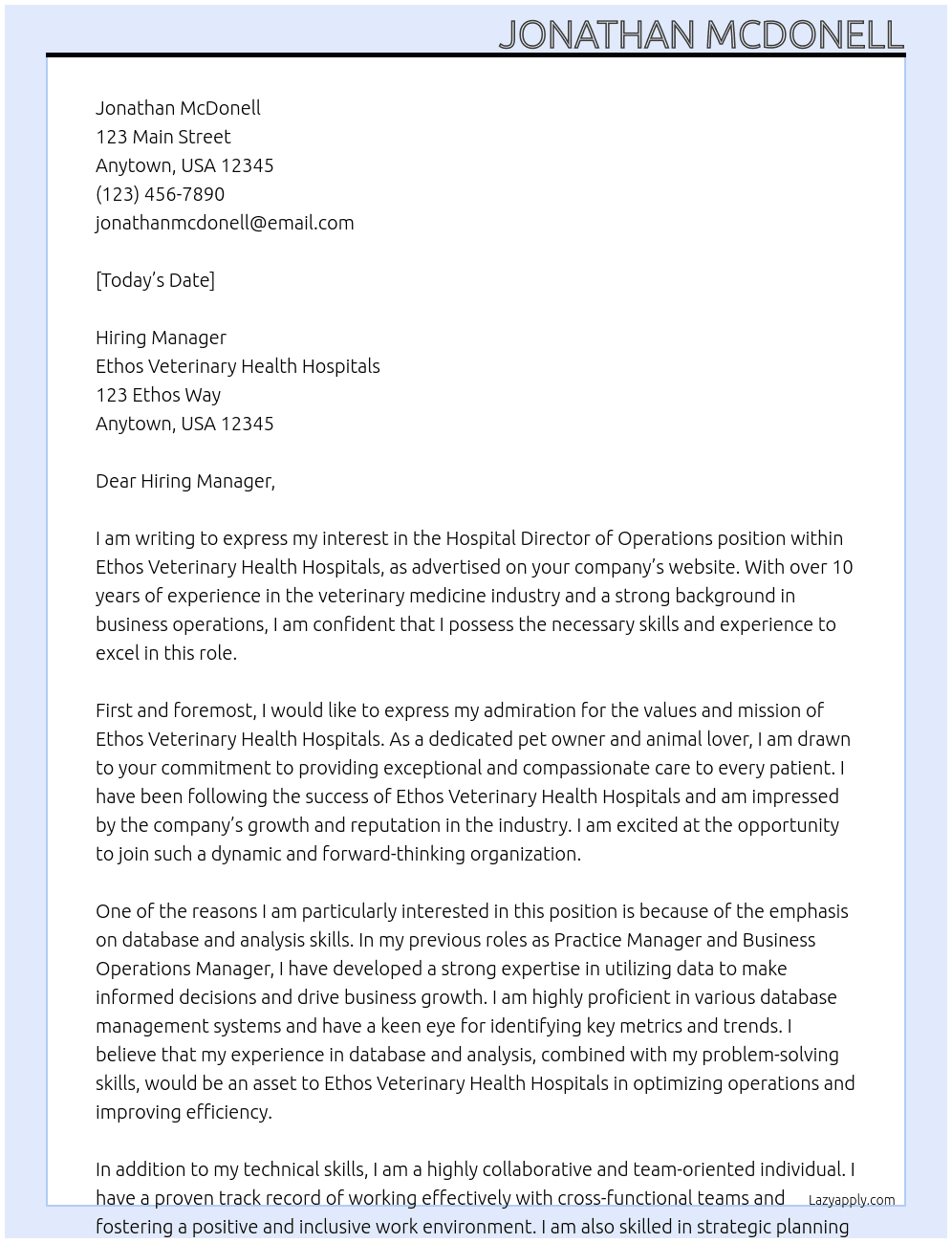 Hospital Director of Operations, Veterinary Medicine At Ethos Veterinary Health Hospitals Cover Letter